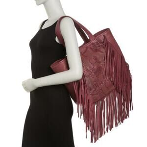 New FRYE Vivian Leather Large Boho Perforated and Whipstitched Fringe Tote Bag